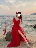 French Beautiful Irregular Lotus Leaf Side Red Sling Dress Female Summer Seaside Atmosphere Temperament Dress