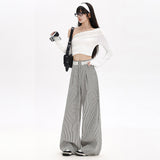 Lace Spliced Striped Straight Sleet Sleet Trousers Women's Autumn New Loose Display Thin Broad Leg Trousers Regular