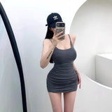 9114 #People Cotton-Buffed Dress Women's Dress Black Sexy Sleeveless Tight Bottom Slings Slings Short Skirts