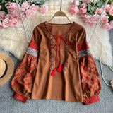 Small-Sized Retro National Wind Embroidery Round Tie With Lantern Sleeve Shirt Women Loose And Thin Top Tide