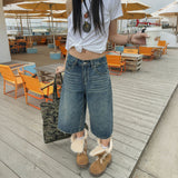 Vintage Water Wash Side Design Wide Legs Denim Seven-Crelei Trousers Casual Niche Design Straight Pants