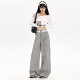 Lace Spliced Striped Straight Sleet Sleet Trousers Women's Autumn New Loose Display Thin Broad Leg Trousers Regular