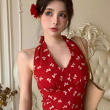 Vintage Hanging Neck Red Sling Small Vest Women Summer New Wearing Beautiful Back Short-Term Sexy Hottie Top