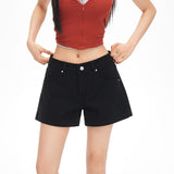 Spice Girls Loose Denim Shorts Summer New Back Pocket Embroidery Design Mid-Rise Hot Pants Black