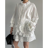 Korean Chic Design Is Sweet Heavy Industry Wood Ear Splicing Age-Rearing Shirt + High-Waist Shorts Two-Set 2 Color