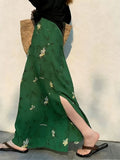 Mingmei Wears A Beautiful And Beautiful Holiday Temperament Green Print Side Open Fork A Word Half-Dressed Woman