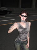 Summer Slim Ribbon Babes Design With A Thin Short Top White Print Neckless Vest T-Shirt Girl