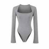 Grey Street Long-Sleeved T-Shirt Girl Spring And Autumn Slimming Square Collar Shoulder Knitting Hottie Bottom Top