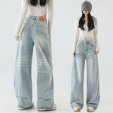 Small Retro Wash Wide Leg Jeans Women Autumn Design Embroidered Folds Loose Drag Trousers