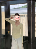 Vintage V-Neck Long-Sleeved T-Shirt 24 Autumn New Elastic Slimmed Shoulder Milk Yellow Blouse In Tide