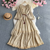 French High-End Lace Splicing Strap To The Waist Lantern Sleeve Dress Female Thin Temperament Over The Knee Dress