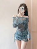 Cowboy Print Mesh Set Of Women's Bare Shoulder Shoulder Long-Sleeved Blouse Drawstring Short Skirt Twitching Three Sets