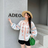 Ethnic Wind Embroidered Cotton Tupling Tweed With Lantern Sleeve Yunnan Tibet Tourism Wearing Shirt 2025 Spring And Summer