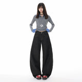 Vintage Wide-Legged Denim Slacks Autumn New Loose-Hanging Scimits Straight Trousers Pure Black