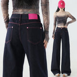 Small Retro Bumpy Broad-Legged Jeans Women Low-Rise Loose Thin Hot Girl Straight Tug Trousers