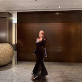 Large-Size Women's French Temperament Thin Dress Autumn Fat Mm Black Mesh Spliced Fishtail Skirt Inside The Long Skirt