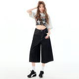 Seven-Point Trousers Women's Straight Loose High-Waisted Denim Short Midsley 2025 Dark Blue 2026 New Lysier Fiber