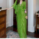 French Languid Green Dress 2026 Summer V-Neck Bat Sleeves Thin Perspective Holiday Style Long Shirt Skirt