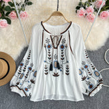 Spring And Autumn Retro Loose National Style Embroidery Thin Lantern Sleeve Doll Top Female Round Collar Collar Collar Shirt