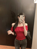 Solid Color Shoulder Shoulder Short-Sleeved T-Shirt Woman 2025 New Summer Design Sense Niche Ins Folding Slim Top