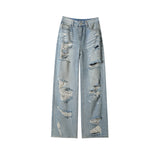 Super Fire Hole Jeans Women Summer Thin Pear Shape Tall Waist Small Broad-Legged Beggar Straight Tube Tug Trousers