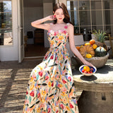 2025 Retro Square-Collar Oil Painting Sling Skirt Three-Dimensional Flower Temperament Print High-Waisted Splicing French Dress