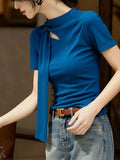 High-Grade Blue Hollow Ribbon With Short-Sleeved T-Shirt 2026 Summer New Light Luxury Ocean Color Thin Age Blouse