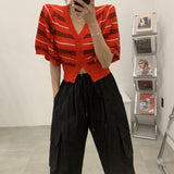 Korean Chic French Temperament Summer New Bubble Sleeve Single Buckle Thin Shoulder V-Neck Knitted Short-Sleeved Woman