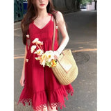 Avocado Green Knitted Hollow Thai Soleni Dress Woman Summer Seaside Holiday Summer Dopamine Skirt