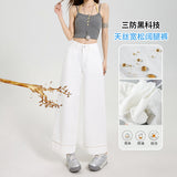 Three Defenses Of The Silk Cotton Fall Loose Broad Leg Stick Pants High Waist Pure White Beads Embroidered Denim Granny Trousers Nine Minutes