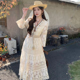Bohemian Lyso Lace Hook Flower Super Fairy Apricot Long Dress Holiday High Waist Thin Horn Sleeve Dress
