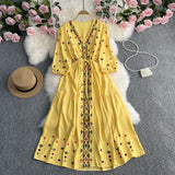 French Retro National Style Embroidery V-Neck High-End Dress Women's Spring And Autumn Dress With Thin Waists