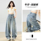 2026 Spring New Loose Broad-Legged Jeans Women's Back Bag Line Embroidery Showing Thin Straight Trousers