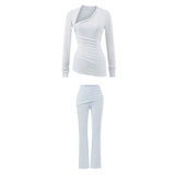 Kardashian Comfortable Skin Irregular Collar Repair Body Folded Waist Trousers Autumn Casual Set