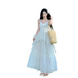 2025 French Super Fairy Summer Vacation Burning Flower Brooch High Sensational Dress White Suspension Dress