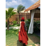 2025 Is Suitable For Travel To Thailand Wearing Vintage Wine Red Sleeveless Hanging Neck Loose Dress Seaside Holiday Wind