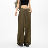 Army Green Broad-Legged Jeans Women's Loose Summer Retro Splicing Design Old Dad Drag Trousers