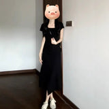 Round Collar Folded Waist Dress Women's Summer 2026 New Gray Small French A-Word Long Dress