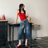 25SS New Retro Water Wash To Old Texture High-Rise Loose Legs Seven-Point Jeans