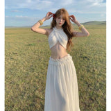 White Hanging Neck Waist Skirt Suit Female Summer Seaside Holiday Fairy Long Half Skirt Two-Piece