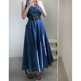 Korean Chic French High-Grade High-Rise Thin Casual Grinding Neck Buckle Sexy Denim Dress