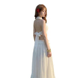 White Hanging Neck Waist Skirt Suit Female Summer Seaside Holiday Fairy Long Half Skirt Two-Piece