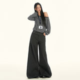 25Th Ootd!| Hairy Trousers Autumn And Winter Low-Waist Buttons Loose Tug Broad Leg Pants Dark Gray Black