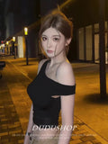 Hot Black Open Shoulder Irregular Short-Sleeved T-Shirt Design Summer Design Repair Height Waist Babes Short Top