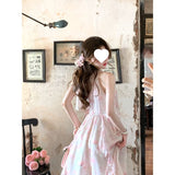 Beauty Dress / French Romantic Fairy Qi Hanging Neck Irregular Holiday Pink Floral Atmosphere Long Skirt Summer