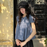Vintage Sweet Double Buckle Lattice Bubble Sleeve Loose Shirt Korean Girl Good Temperament Doll Shirt Top