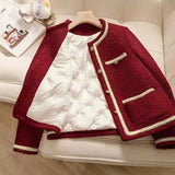Red New Coat Down Cotton Fragrant Style French Design Fashion Temperament Long-Sleeved Top Coat Women's Clothing