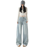 Small Retro Wash Wide Leg Jeans Women Autumn Design Embroidered Folds Loose Drag Trousers
