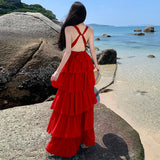 2026 New Sexy Seaside Resort Wind Deep Hanging Neck Dress Bare Back Strap Cake Super Fairy Long Dress Super Fairy