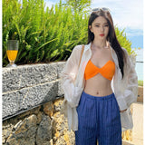 2025 Seaside Resort Suit Women's Casual Sunscreen Shirt Shirt + Bikini Sling + Wide Leg Pants